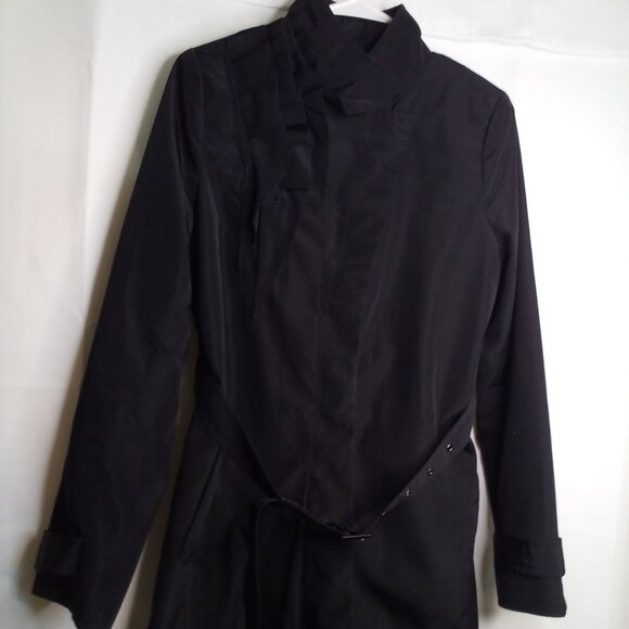 The Limited Jacket Trench Coat Women M Ruffle Belt Pockets Hidden Buttons Black - Picture 1 of 15